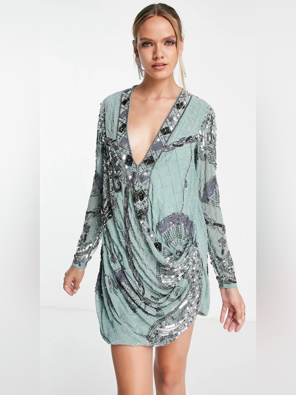 ASOS Seafoam Green and Silver Sequin Draped Mini Dress